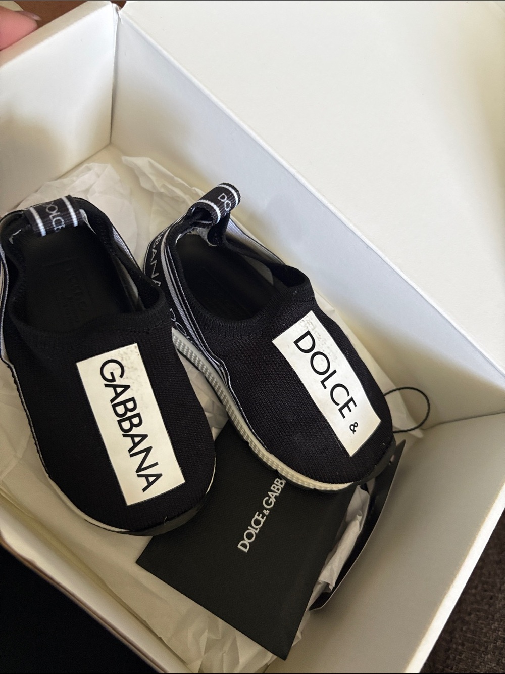 Dolce & Gabbana Black and White Logo Slip-On Knit Sneakers for Women